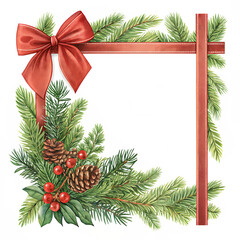  Art of decoration card frame with red ribbon band and fir tree branches isolated a transparent for festival