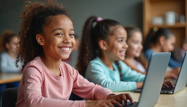 Diverse group of young girls in a bright classroom actively learn coding on laptops. Children focus on computers, developing digital skills and engage in a fun educational session.
