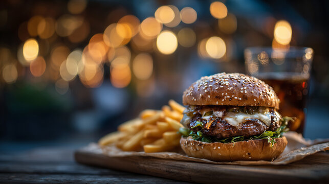 A mouthwatering hamburger on a wooden serving board beside golden fries and a soda, casual dining atmosphere with warm tones and friendly ambience