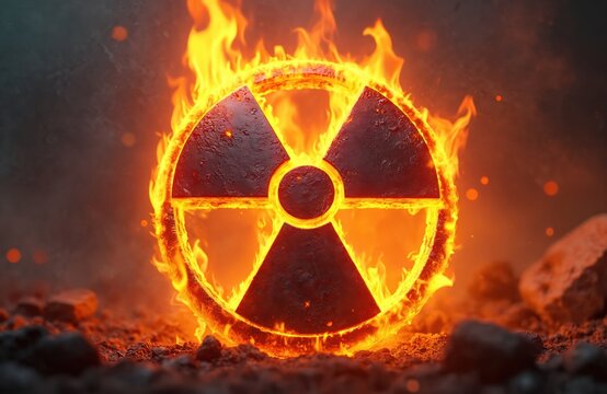 Burning nuclear symbol radiates intense heat. Fire surrounds atomic logo on ground. Concept illustrates danger, destruction, threat from warfare, disasters, risk. Suggests warning, hazard from
