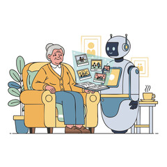 Vector illustration of a joyful elderly person viewing a holographic family album projected by a caring robot companion. Emotional and warm futuristic caregiving scene, clean and minimal on white back