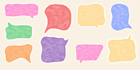 Chalk pencil doodle speech balloons on beige background, sketch style comic frames, crayon hand drawn vector illustration with grunge texture for creative projects and presentations