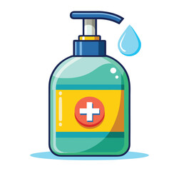 Hand sanitizer dispenser with a drop, essential for hygiene and health, shown against a white background, representing cleanliness and protection from germs and viruses