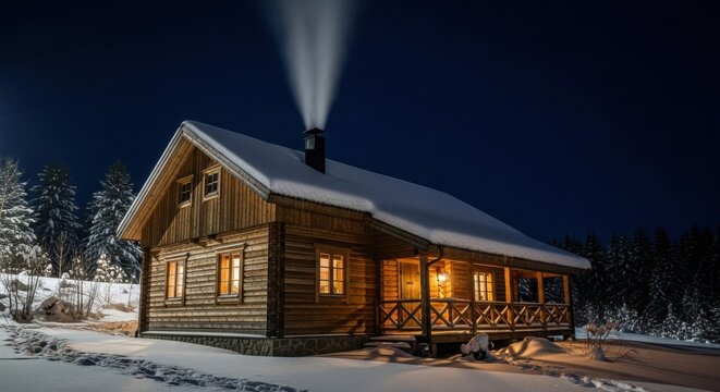 Winter wooden cabin with glowing windows and smoke from chimney at night