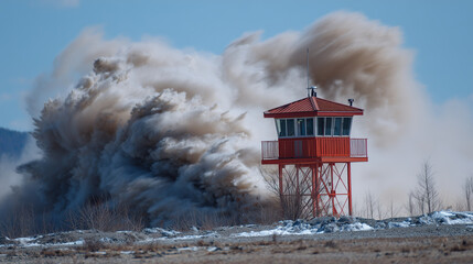 Controlled safety exercise showing dense foam spreading across ground, red metal training tower behind, light gray training smoke drifting upward