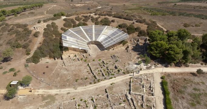 Aerial view of the ruins of the theater of Eraclea Minoa. It's a Greek theater of the ancient city located in the archaeological area of ​​Cattolica Eraclea, in province of Agrigento, Sicily, Italy.