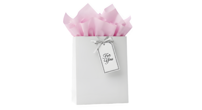 A white gift bag with pink tissue paper and a tag that says for you isolated on transparent background this image is perfect for showcasing gifts, presents, and special occasions