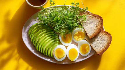 Overhead View of Healthy Breakfast Plate with Sliced Avocado, Soft-Boiled Eggs, Toast, and Microgreens