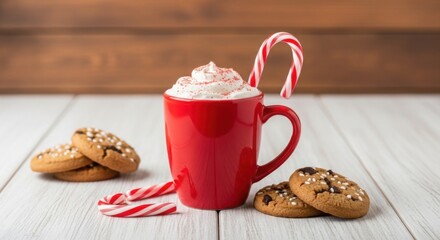 Red mug of hot chocolate with whipped cream and candy cane next to cookies