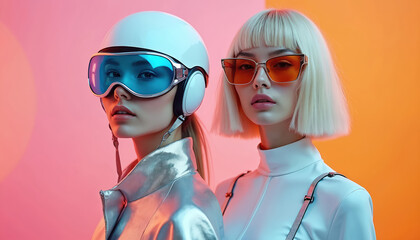 Two women wear futuristic fashion. One sports goggles and a helmet, the other wears stylish sunglasses and a white outfit. Both have blonde hair and bold makeup with dramatic lighting.