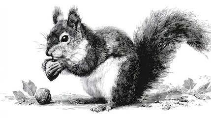 Detailed vector of a squirrel holding an acorn, drawn with fine black strokes on white background. Symbolizes preparation and balance. Perfect for autumn-themed designs, eco art, .