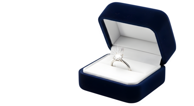 A sparkling diamond ring rests inside a luxurious blue velvet box, symbolizing love, commitment, and the promise of a beautiful future together isolated on transparent background - Powered by Adobe