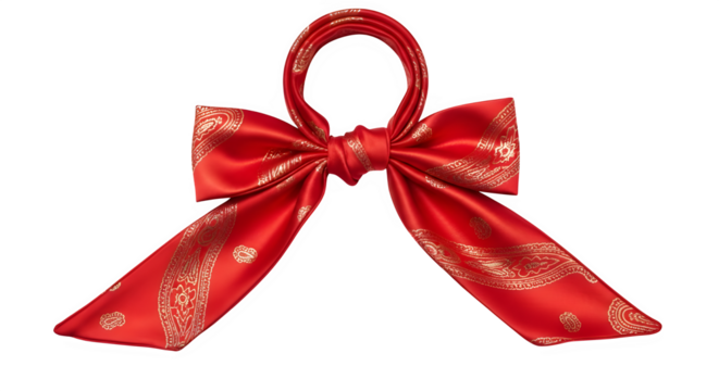 A vibrant red silk scarf, adorned with intricate golden patterns, is elegantly tied in a bow, creating a luxurious and eyecatching accessory isolated on transparent background