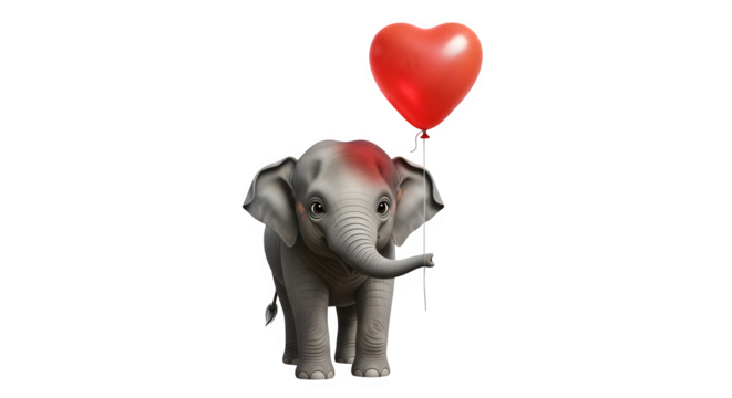 A charming baby elephant stands gracefully, its trunk playfully extended, holding a vibrant red heartshaped balloon, isolated on transparent background, symbolizing love and innocence - Powered by Adobe