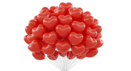 A vibrant cluster of red heartshaped balloons floats gracefully, symbolizing love and celebration, isolated on transparent background the glossy surfaces reflect light, creating a cheerful and festive