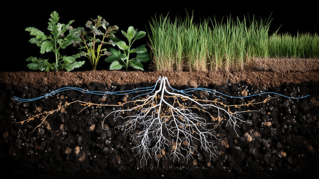 Educational scientific visualization of grass growth, above-ground leaves and below-ground roots connected in harmony through nutrient-rich dark soil