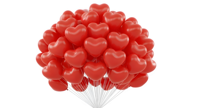 A vibrant cluster of red heartshaped balloons floats gracefully, symbolizing love and celebration, isolated on transparent background the glossy surfaces reflect light, creating a cheerful and festive