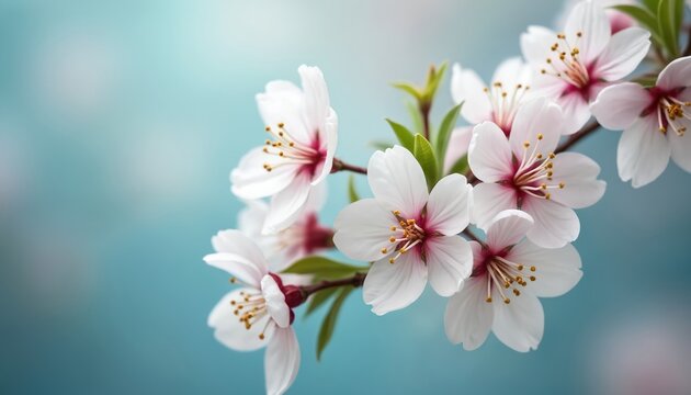 Close-up view of delicate white apple blossoms with pink centers on a branch against a soft blue bokeh background. New spring buds and green leaves emerge, signaling fresh growth and renewal. - Powered by Adobe