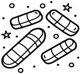 Cute cartoon illustration of fizzy effervescent vitamin tablets for kids. Black and white line art drawing of medicine pills isolated on a white background for coloring page or health concept