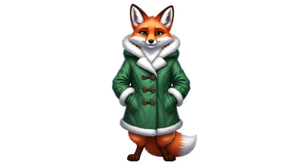Adorable fox character wearing a green winter coat with a furlined hood, standing upright and smiling, isolated on transparent background perfect for holiday greeting cards