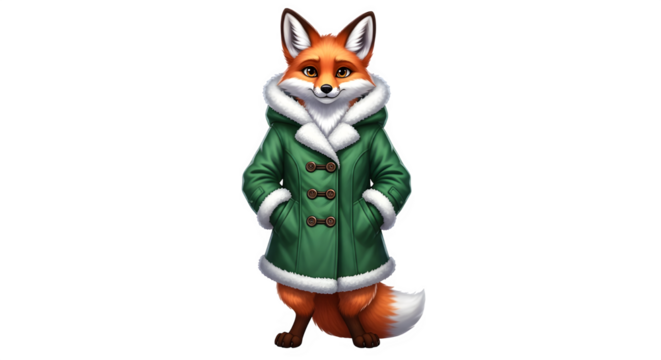 Adorable fox character wearing a green winter coat with a furlined hood, standing upright and smiling, isolated on transparent background perfect for holiday greeting cards