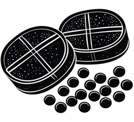 Black and white illustration of two round containers, one open, with small spheres scattered around, suggesting candy, pills, or beads on a white background