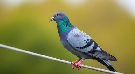 Stunning iridescent pigeon perched peacefully on a wire against a blurred green and yellow backdrop in natural light, perfect for nature publications