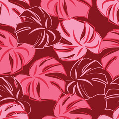Monstera leaf tropical pattern vector illustration, red tones hand drawn monochromatic, valentine, web banner, wallpaper, fabric