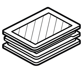 Isometric line art icon representing a stack of documents or layered files. A minimalist black and white outline drawing symbolizing data, archives, and office paperwork