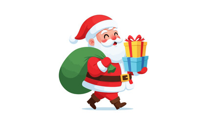 Happy Santa Claus Carrying Green Gift Bag and Present Boxes