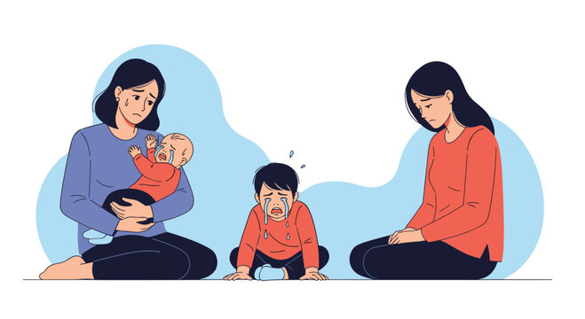 Distressed mothers and a crying child depicting family emotional pain, parental stress, and struggles with mental health and depression. - Powered by Adobe