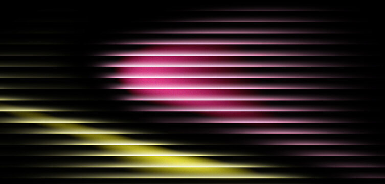 Abstract pink and yellow light shining through dark horizontal blinds creates a modern dynamic background with unique depth and contrast