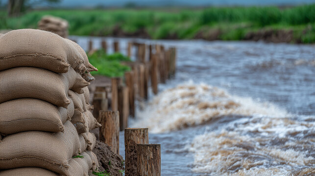 Muddy brown floodwater pushing gently against a long, continuous row of sandbags, emphasizing human resilience and preparedness