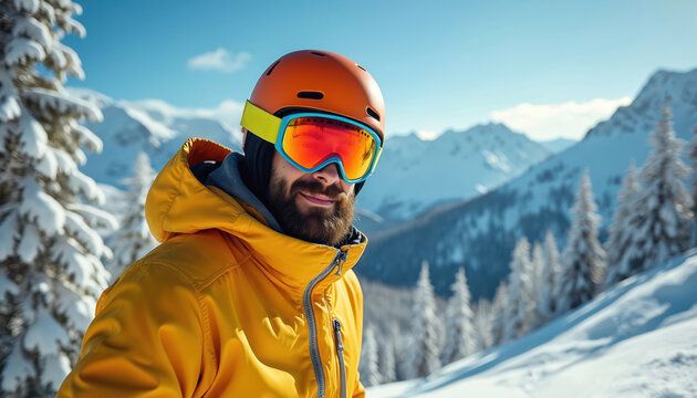 Man in yellow ski jacket, helmet and goggles stands on snowy mountain slope. Pine trees covered in snow, clear blue sky, sun shines brightly. Winter recreation and sport.