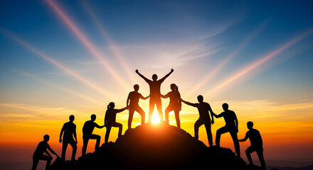 Team of people standing on mountain top with arms raised at sunset to celebrate success