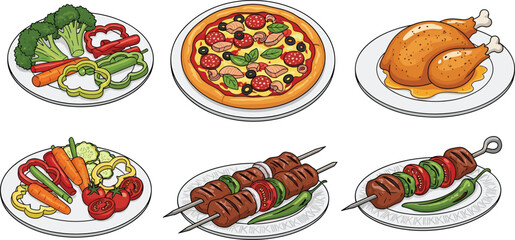 Assorted food plates illustration, pizza, roasted chicken, grilled skewers, fresh vegetables, colorful cuisine, dining, restaurant menu, healthy meal design