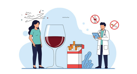 Doctor advises female patient about making healthy lifestyle choices, recommending abstaining from alcohol and smoking for better health.