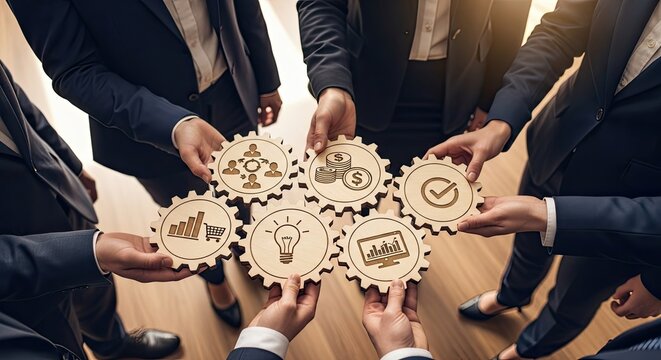 Business team connecting wooden gears with icons for company strategy
