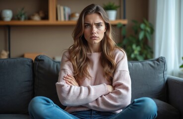 Obraz premium Young woman sits on sofa with crossed arms, looking skeptical and annoyed. She wears a pink sweater and blue jeans, showing distrust or displeasure at home. This captures negative emotion.