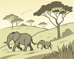 African landscape with elephant family illustration