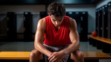 Faceless basketball player sitting motionless on a locker room bench, shoulders slumped, soft light highlighting sweat on his arms, emotional silence, with copy space