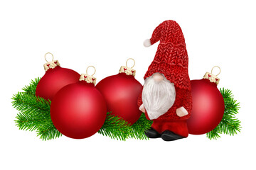 Red Christmas decorations with gnome and balls isolated on transparent background PNG cut out