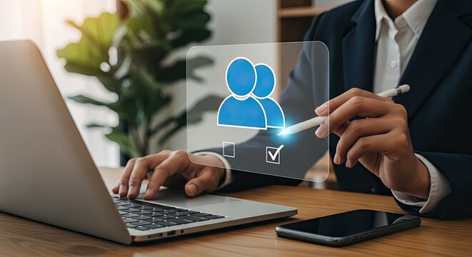 Businessman managing contacts on a futuristic digital interface