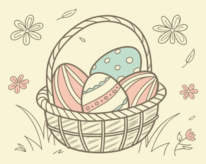 Easter basket with decorated eggs, surrounded by flowers and leaves, in a sketch style