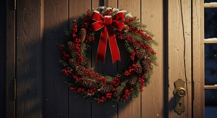 Christmas wreath with red bow hanging on wooden door