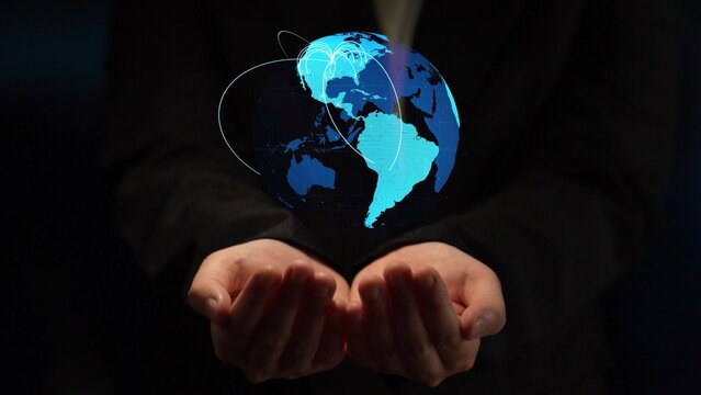 Global network connection visualization showing data exchange, digital link, worldwide communication. Global data flow and digital network infrastructure connecting regions around the world. Thunk