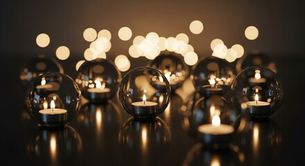 Glowing tea light candles in spherical glass holders create a serene and spiritual atmosphere with beautiful bokeh lights