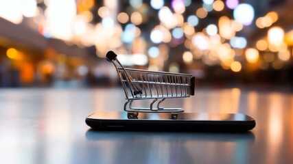 Miniature shopping cart on smartphone with blurred bokeh lights e commerce retail concept - Powered by Adobe