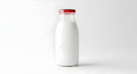 A glass bottle of fresh white milk with a red cap isolated on white background, studio shot