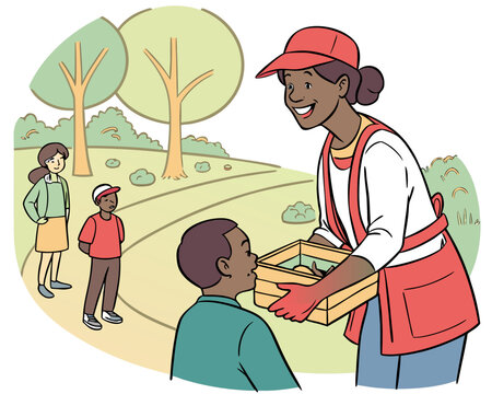 Volunteer helping children with gardening in the park on a sunny day